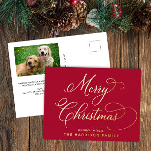 Elegante Script Merry Christmas Red Foto Folien Feiertagspostkarte