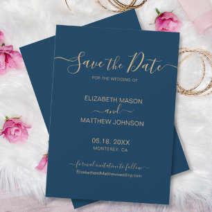 Elegante Script Minimalistisch Navy und Gold Weddi Save The Date