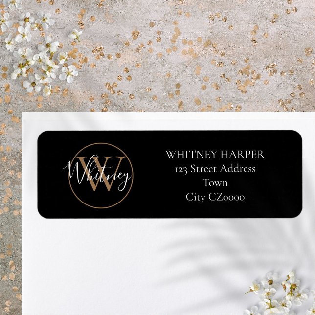 Elegante Script Monogram Black and Gold Address (Von Creator hochgeladen)