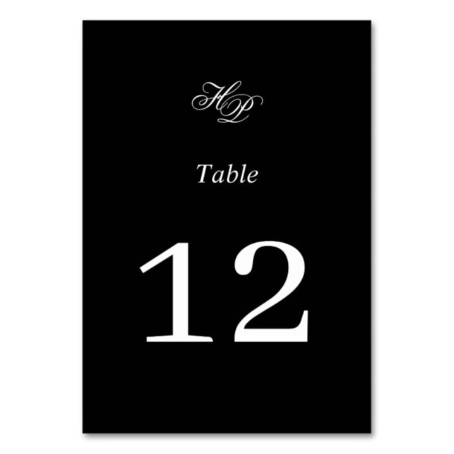 Elegante Script Monogram Black & White Wedding Tischnummer (Vorderseite)
