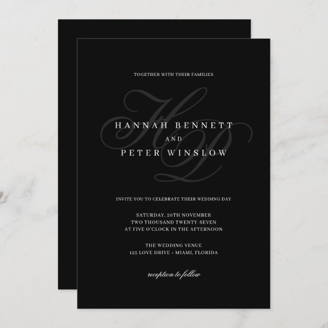 Elegante Script Monogram Initials Black Wedding Einladung (Vorne/Hinten)