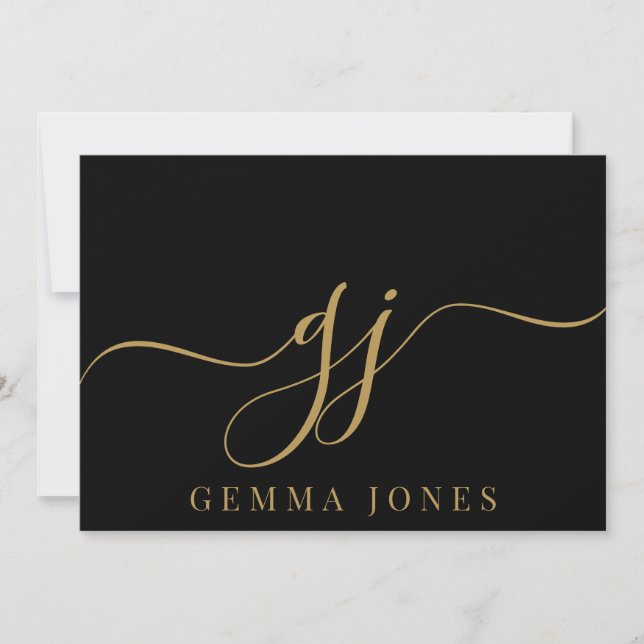 Elegante Script Monogram Initials Name Black Gold Mitteilungskarte (Vorderseite)