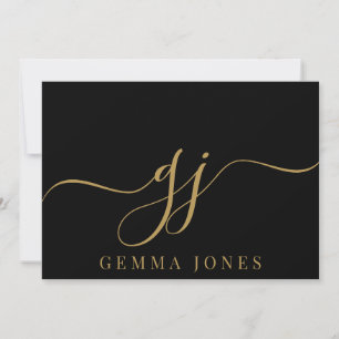 Elegante Script Monogram Initials Name Black Gold Mitteilungskarte