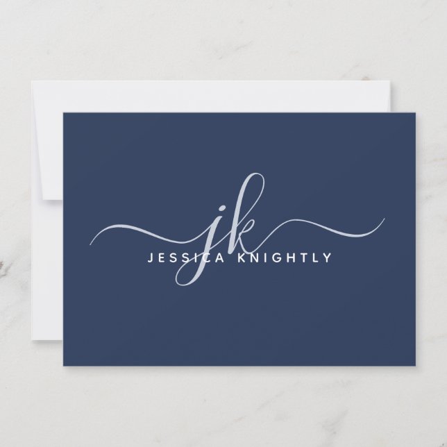 Elegante Script Monogram Initials Name Navy Blue Mitteilungskarte (Vorderseite)