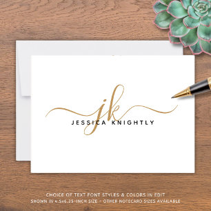 Elegante Script Monogram Initials Name White Gold Mitteilungskarte