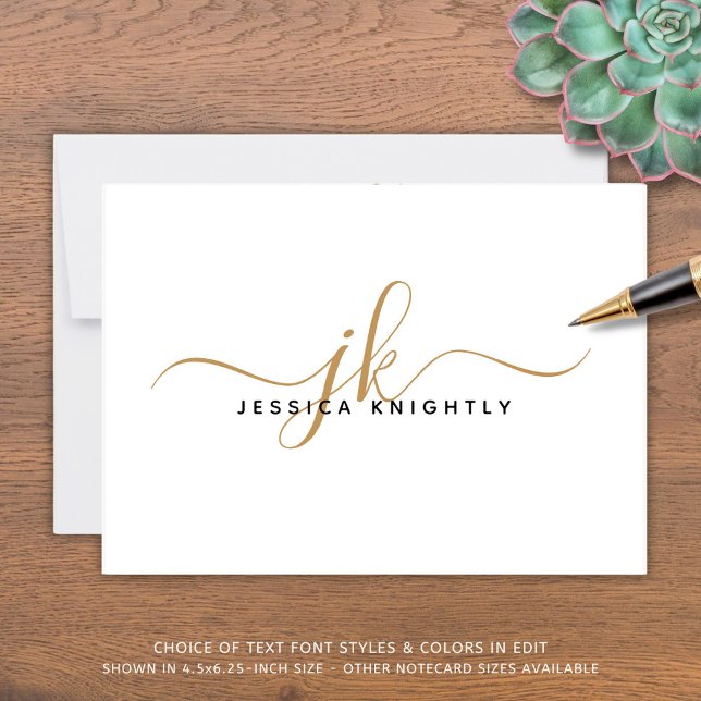 Elegante Script Monogram Initials Name White Gold Mitteilungskarte (Von Creator hochgeladen)
