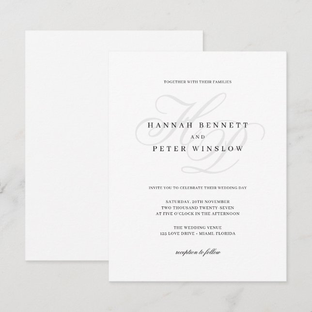 Elegante Script Monogram Initials White Wedding Einladung (Vorne/Hinten)