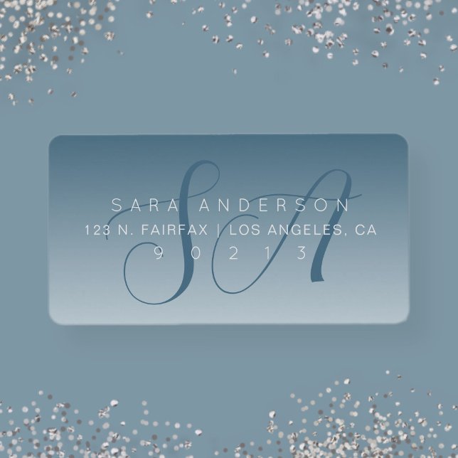 Elegante Script Monogram Ombre Blue Rücksendeadres Adressaufkleber (Von Creator hochgeladen)
