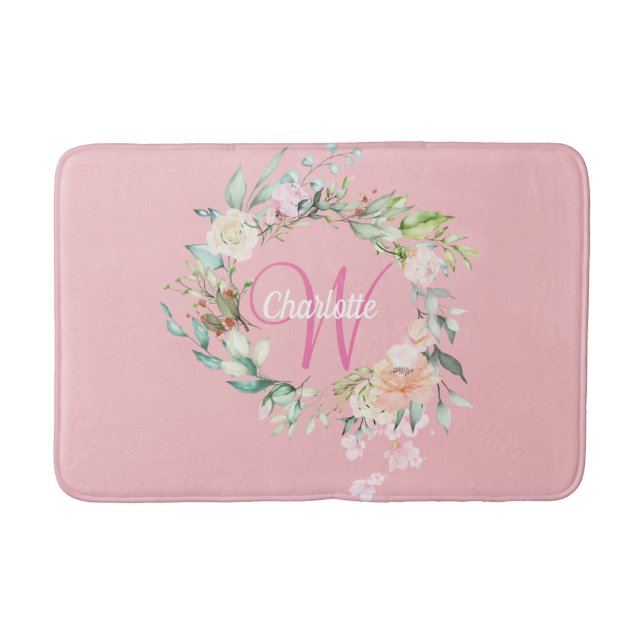 Elegante Script Monogram Rose Floral Girly Pink Badematte (Vorderseite)