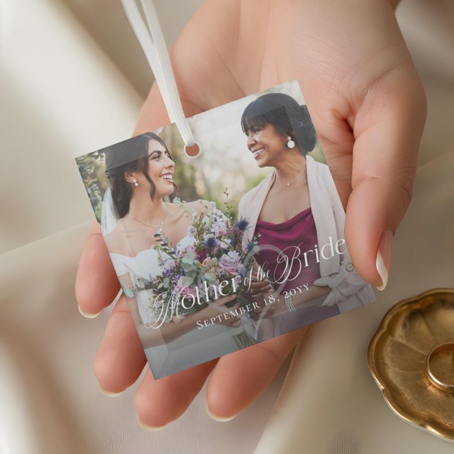 Elegante Script Mother of the Bride Foto Keepake Ornament Aus Glas (Elegant Script Mother of the Bride Photo Keepsake Glass Ornament)