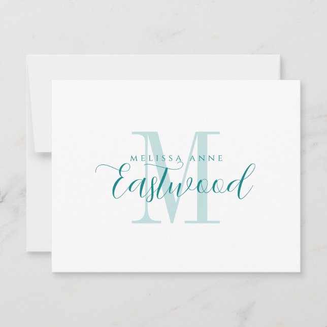 Elegante Script Name Aquamarin Monogram Flat Note  Mitteilungskarte (Vorderseite)