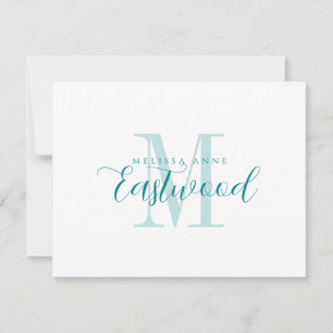 Elegante Script Name Aquamarin Monogram Flat Note  Mitteilungskarte