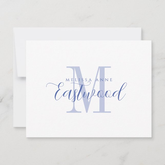 Elegante Script Name Blue Monogram Flat Note Card Mitteilungskarte (Vorderseite)
