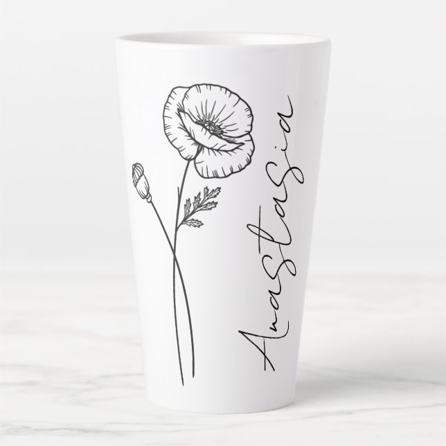 Elegante Script Name Poppy August Birth Blume Milchtasse (Vorderseite)