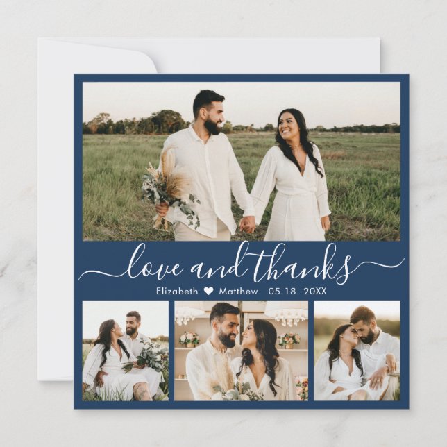 Elegante Script Navy 4 Foto Collage Wedding Dankeskarte (Vorderseite)