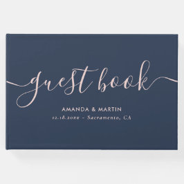 Elegante Script Navy Blue and Blush Wedding Gästebuch
