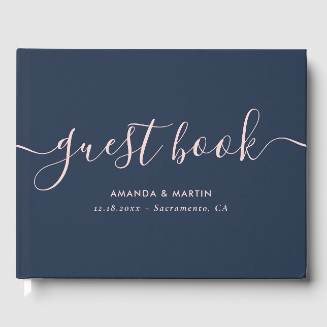 Elegante Script Navy Blue and Blush Wedding Gästebuch (Vorderseite)
