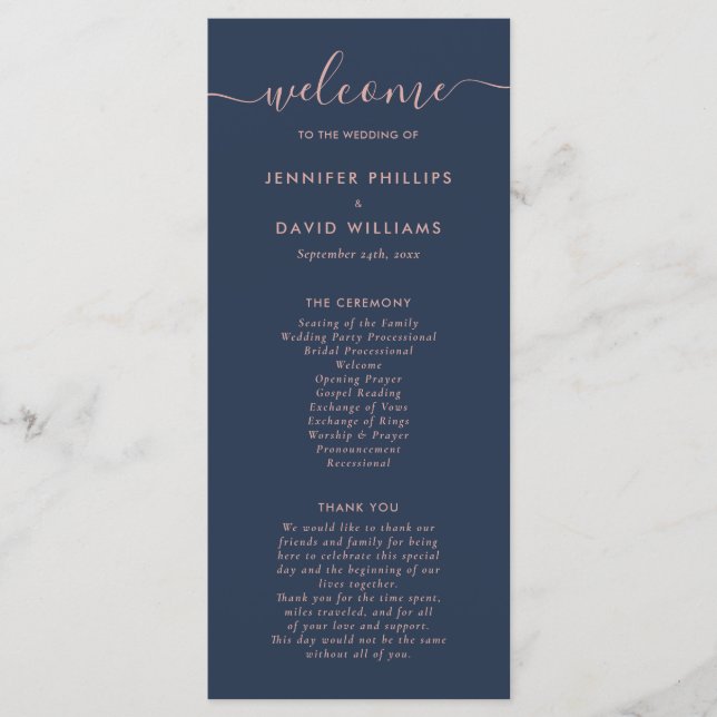 Elegante Script Navy Blue and Blush Wedding Programm (Vorderseite)