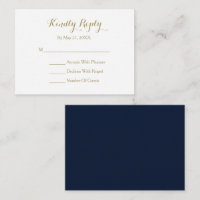 Elegante Script Navy Blue Gold White RSVP Karte