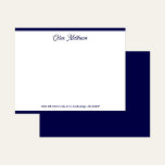Elegante Script Navy Blue Stationery Border Mitteilungskarte<br><div class="desc">Diese blaue Randnotizkarte enthält Ihren Namen im Script und Ihre Adresse in einem serifenlosen Schriftart auf der Vorderseite mit einem passenden massiven marineblau hinten. Ideal für persönliche Notizen,  Dankkarten oder Kundenkorrespondenz.</div>