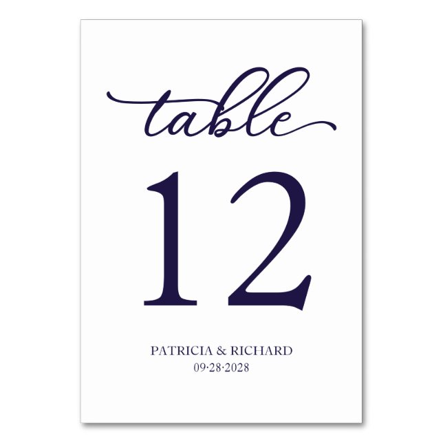 Elegante Script Navy Blue Wedding Tischnummer (Vorderseite)