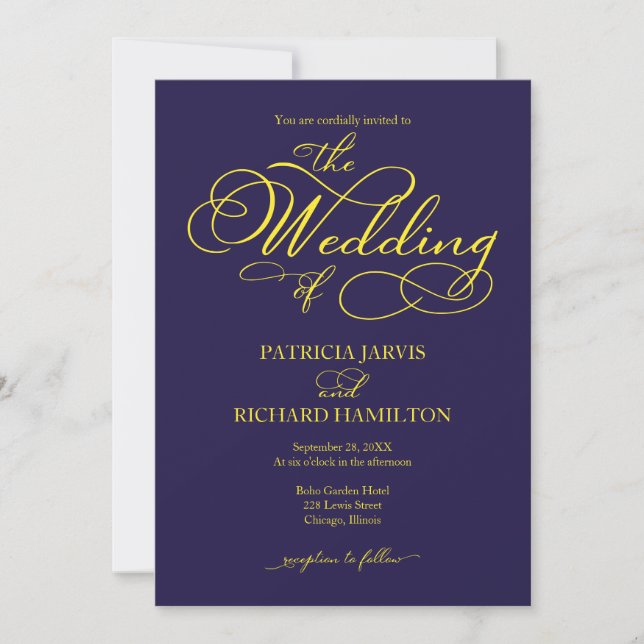Elegante Script Navy Blue Yellow Wedding Einladung (Vorderseite)