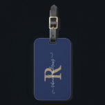 Elegante Script Navy Gold Monogram Name Travel Gepäckanhänger<br><div class="desc">Elegante Script Navy und Gold Monogram Name Travel Holiday Luggage Tag</div>