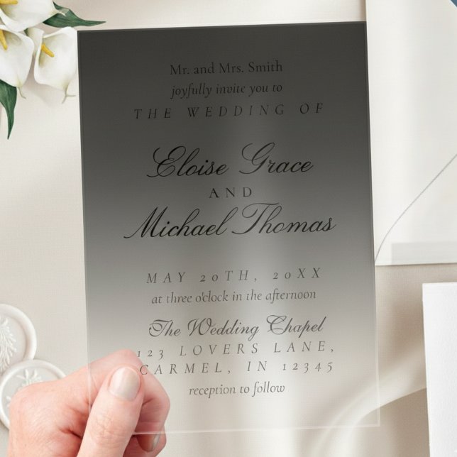 Elegante Script-neutrale Black Gradient-Hochzeit Acryleinladungen (Invite guests to your big day with this Elegant Script Gradient Wedding Acrylic Invitation!)