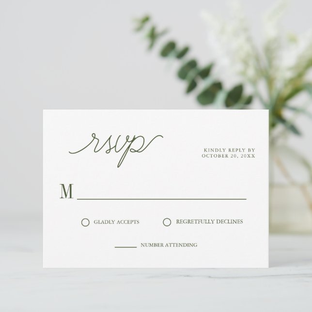 Elegante Script Olive Green Minimal Hochzeit RSVP Karte (Stehend Vorderseite)