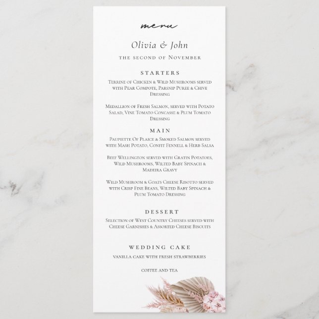 Elegante Script Pampasgras Hochzeit Menükarte (Vorderseite)