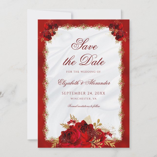 Elegante Script Red Gold Rose Blumenhochzeit Save The Date (Vorderseite)