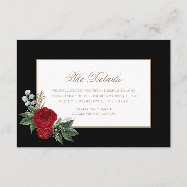 Elegante Script Red Peonies Black & Gold Details Begleitkarte (Vorderseite)