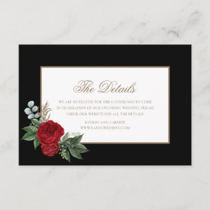 Elegante Script Red Peonies Black & Gold Details Begleitkarte