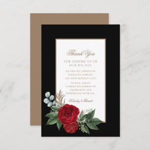 Elegante Script Red Peonies Black & Gold Hochzeit Dankeskarte