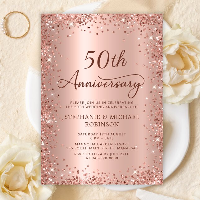 Elegante Script-Rose Gold 50. Hochzeitstag Einladung (Von Creator hochgeladen)