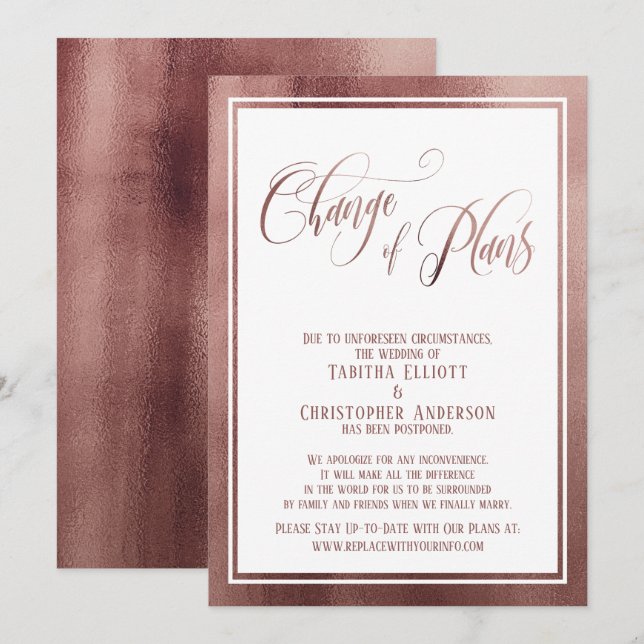 Elegante Script-Rose Gold Postponed Wedding Card Einladung (Vorne/Hinten)