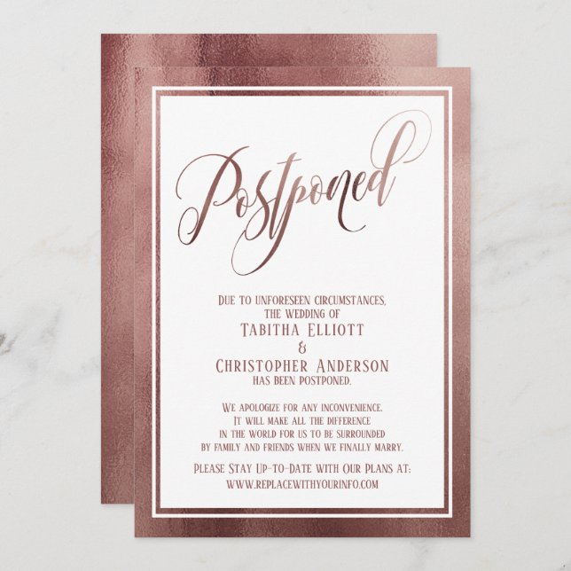 Elegante Script-Rose Gold Postponed Wedding Card Einladung (Vorne/Hinten)