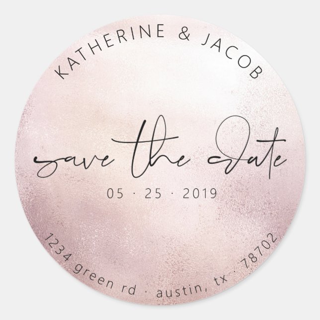 Elegante Script-Rose Gold | SAVE THE DATE Runder Aufkleber (Vorderseite)