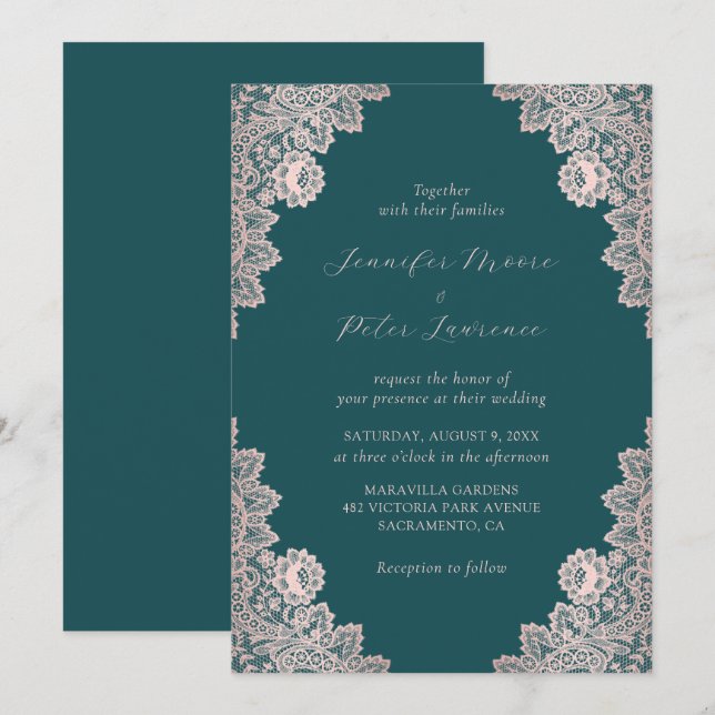 Elegante Script-Rose Gold und Aquamarine Hochzeit Einladung (Vorne/Hinten)