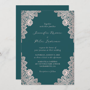 Elegante Script-Rose Gold und Aquamarine Hochzeit Einladung