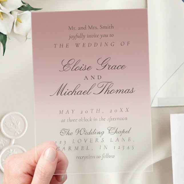 Elegante Script-Rose Pink Gradient Wedding Acryleinladungen (Invite guests to your big day with this Elegant Script Gradient Wedding Acrylic Invitation!)