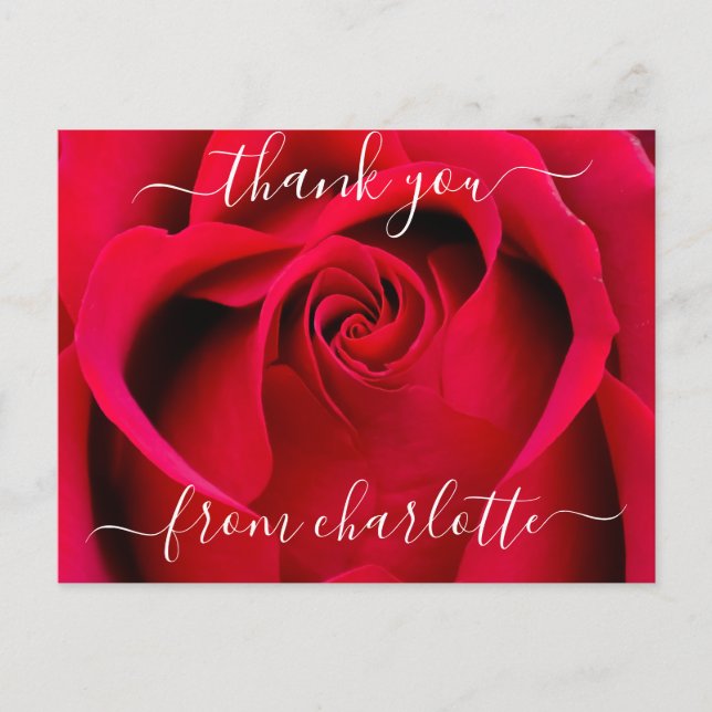 Elegante Script-Rote Rose Floral Vielen Dank Postkarte (Vorderseite)