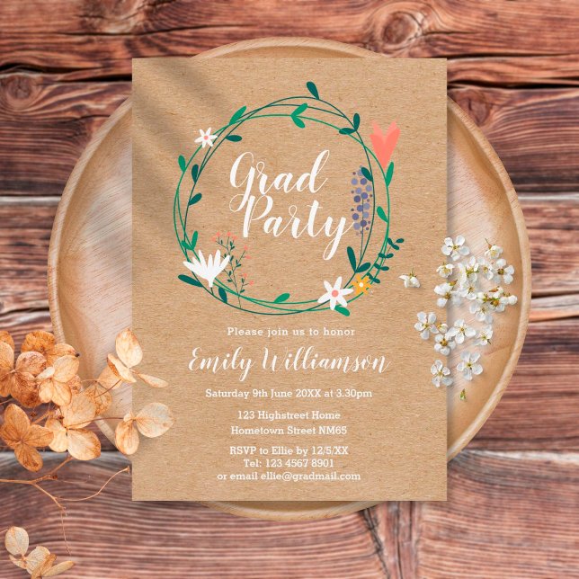 Elegante Script Rustic Floral Graduation Party Einladung (Von Creator hochgeladen)