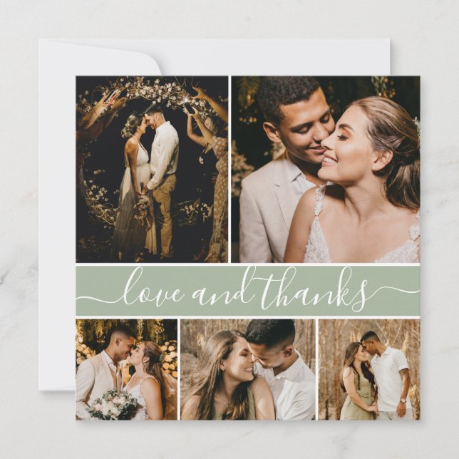 Elegante Script Sage Green 5 Foto Collage Wedding Dankeskarte (Vorderseite)