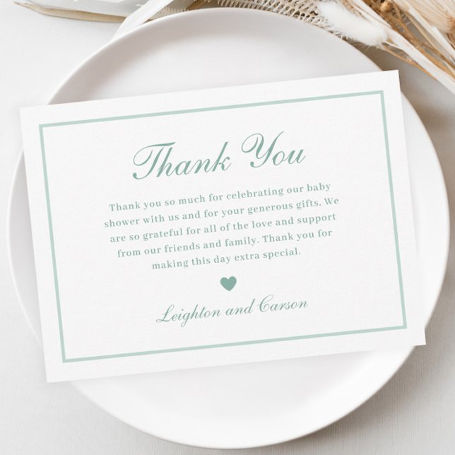 Elegante Script-Sage Green Baby-Dusche Dankeskarte (Elegant Script Sage Green Gender Neutral Baby Shower Thank You Card.)