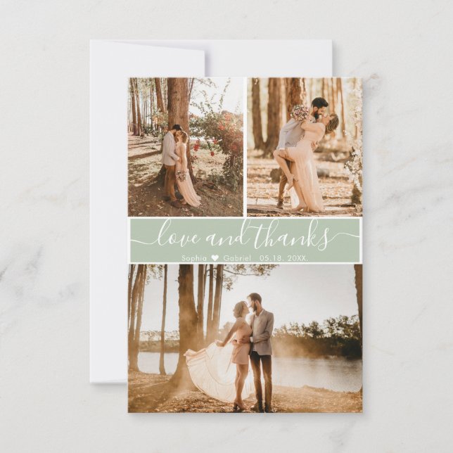 Elegante Script Sage Green Wedding 3 Foto Collage Dankeskarte (Vorderseite)