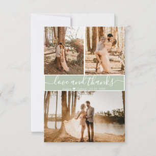 Elegante Script Sage Green Wedding 3 Foto Collage Dankeskarte