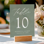 Elegante Script Sage Green Wedding Tischnummer Acrylschild<br><div class="desc">Trendy,  minimalistische Hochzeitskarten mit "Tisch" in weißem Kalligrafieschrift mit weißem Acryl-Hintergrund. Zum Bestellen des Plastikkartenzeichens: Name,  Hochzeitstermin und Tischnummer hinzufügen. Fügen Sie jede Nummer einzeln in Ihren Warenkorb und Karo,  wenn Sie fertig sind.</div>