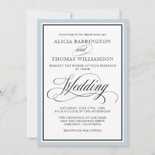 Elegante Script-Schnörkel mit Dusty Blue Border Einladung
