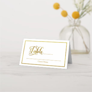 Elegante Script-Schnörkel White & Gold Hochzeit Platzkarte